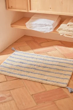 Alfombra de baño de algodón a rayas azul Helios