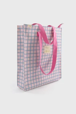 Bolsa de tela tote bag cuadrados azul y rosa Hello, sunshine!