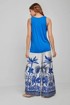 Camiseta pijama tirantes tejido satinado azul