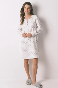 Camisón manga larga 100% algodón flores marfil