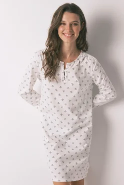 Camisón manga larga 100% algodón flores marfil