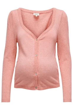 Chaqueta de punto premamá color rosa claro.
