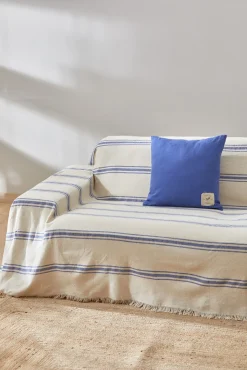 Colcha con raya tejida azul Bari