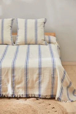 Colcha con raya tejida azul Bari