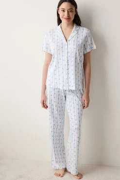 Conjunto de pijama largo camisero flores y rayas