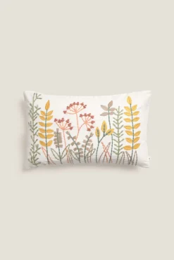 Funda cojín algodón hojas y flores