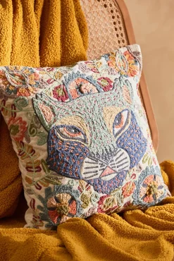 Funda de cojín con motivos felinos bordados Feli