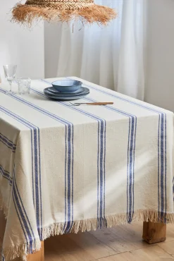 Mantel con raya tejida azul Bari