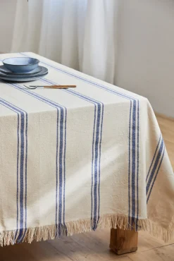 Mantel con raya tejida azul Bari