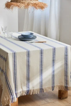 Mantel con raya tejida azul Bari