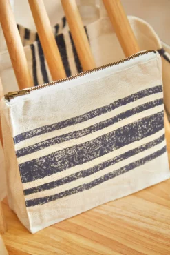 Neceser de lino estampado a rayas azules Lili