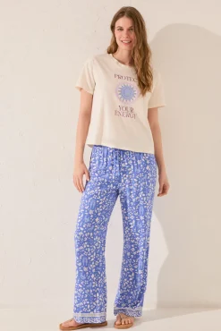 Pantalón largo estampado flores azul
