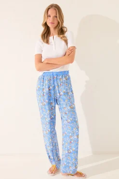 Pantalón largo viscosa flores azul