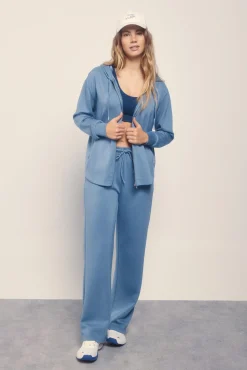 Pantalón recto ancho tacto suave azul