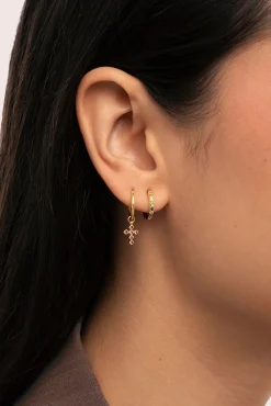 Pendiente Suelto Aro Cruz Rosa Plata Baño Oro