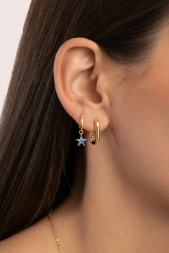 Pendiente Suelto Aro Estrella Azul Plata Baño Oro