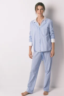 Pijama camisero largo 100% algodón rayas azules