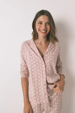 Pijama camisero largo 100% algodón flores rosa