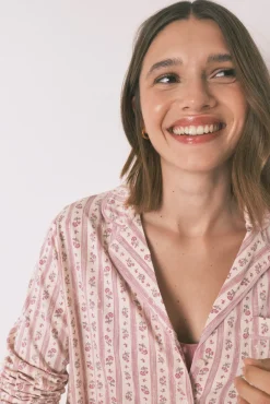 Pijama camisero largo 100% algodón flores rosa