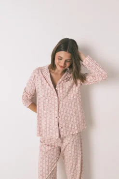 Pijama camisero largo 100% algodón flores rosa