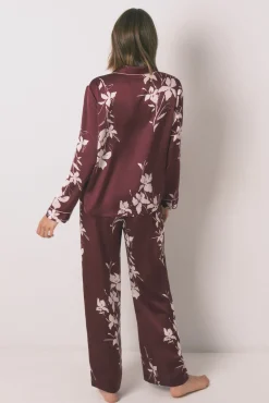 Pijama camisero largo floral granate
