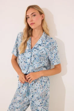 Pijama camisero largo viscosa flores azul