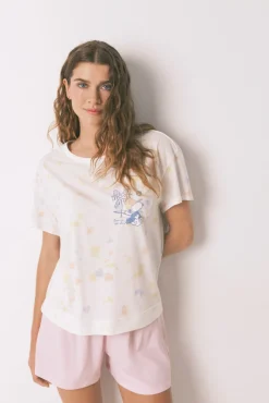 Pijama corto algodón marfil y rosa Snoopy