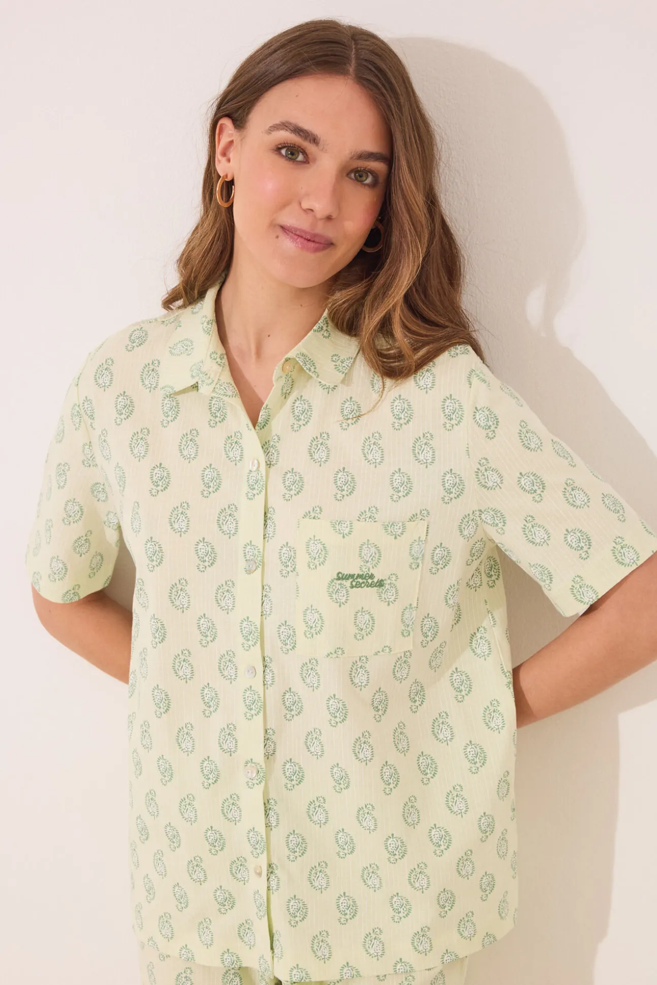 Pijama corto camisero algodón Paisley verde