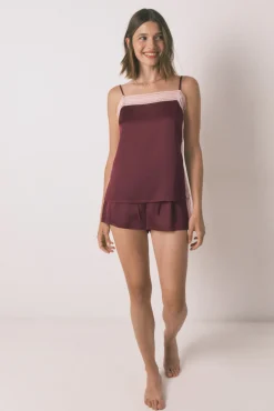 Pijama corto encaje vino