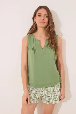 Pijama corto tirantes algodón pliegues verde