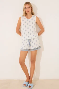 Pijama corto tirantes algodón paisley blanco