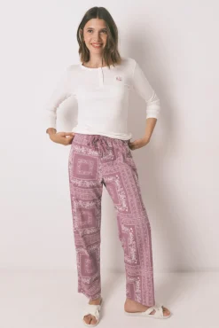 Pijama largo algodón estampado flores marfil