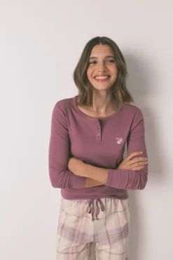 Pijama largo algodón estampado cuadros rosa