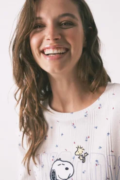 Pijama largo algodón Snoopy flores blanco