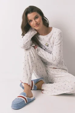Pijama largo algodón Snoopy flores blanco