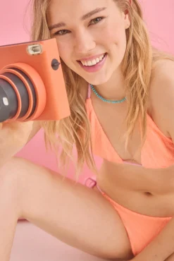 Top bikini halter textura miniflor naranja