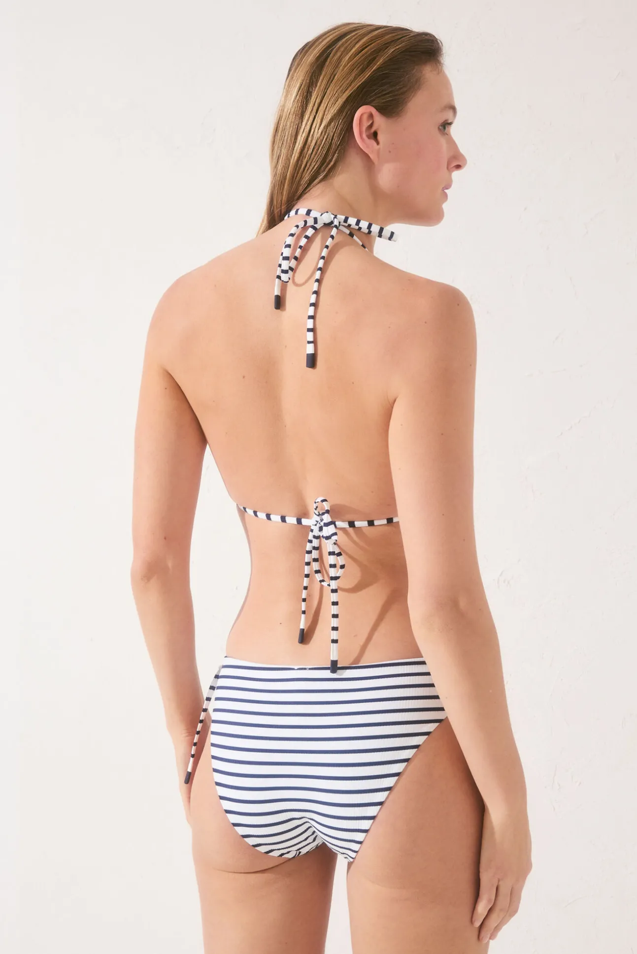 Top bikini triangular cortina rayas navy