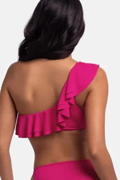 Top de bikini asimétrico volantes rosa