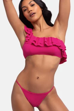 Top de bikini asimétrico volantes rosa