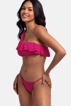 Top de bikini asimétrico volantes rosa