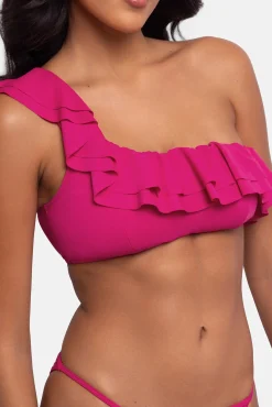 Top de bikini asimétrico volantes rosa