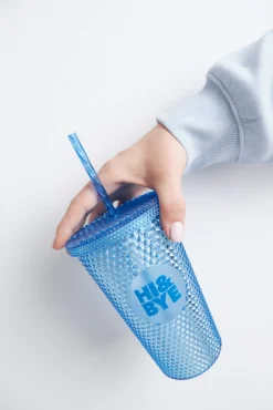 Vaso plástico cañita integrada azul medio