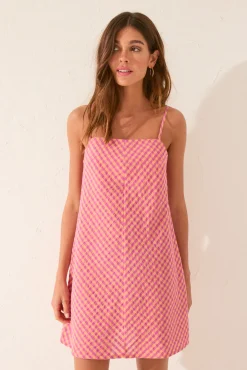 Vestido corto tirantes cuadros vichy rosa