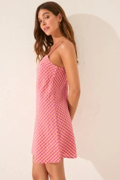 Vestido corto tirantes cuadros vichy rosa
