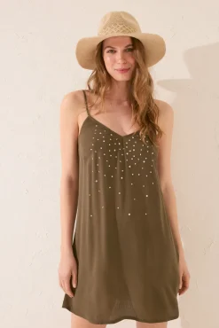 Vestido corto tirantes kaki strass brillo