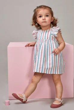 Vestido de rayas con volantes en mangas azul claro