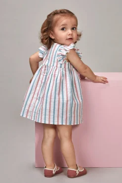 Vestido de rayas con volantes en mangas azul claro