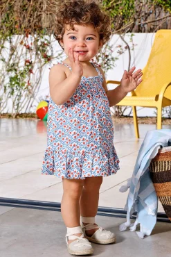 Vestido estampado de tirantes con bordado al tono