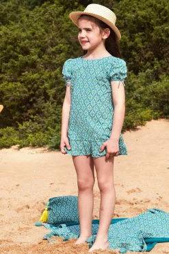 Vestido manga abullonada con estampado d azul claro