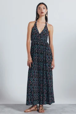 Vestido midi escote halter estampado geométrico